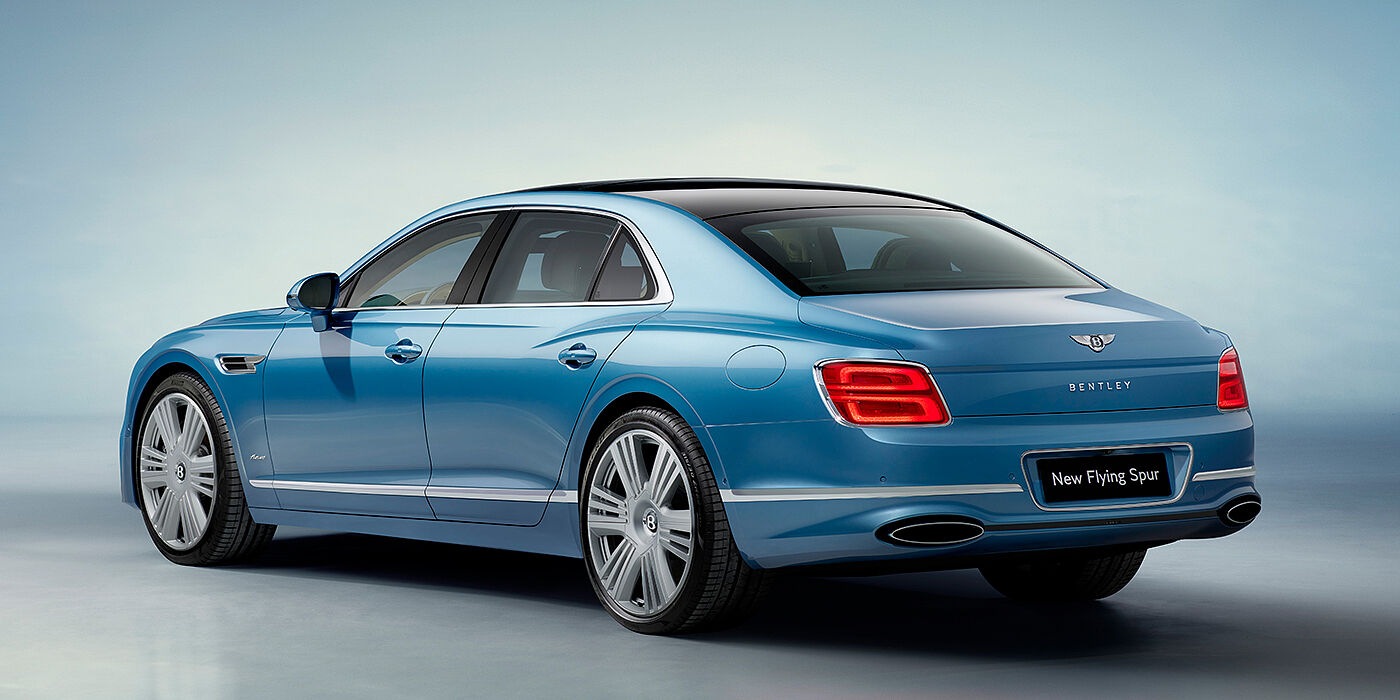 Bentley Casablanca New Bentley Flying Spur Azure sedan rear view in Light windsor blue by Mulliner paint with 22 inch Azure wheels and chrome exterior details