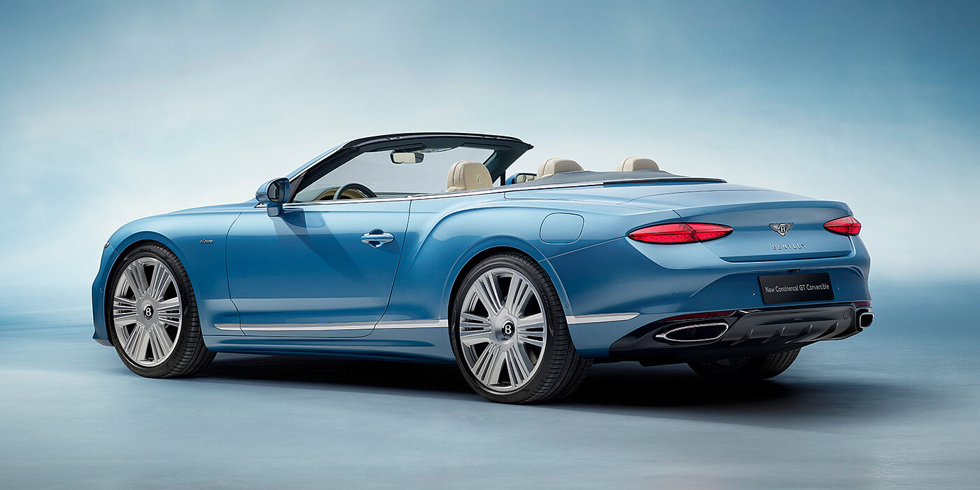 Bentley Casablanca New Bentley Continental GTC Azure convertible rear view in Light Windsor blue paint with 22 inch ten spoke wheels and chrome exterior details