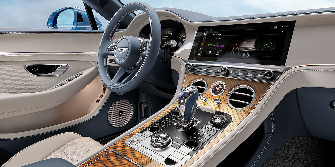 Bentley Casablanca New Bentley Continental GTC Azure convertible interior front cabin view with Linen and Brunel hides and Piano Linen by Mulliner veneer featuring centre console and centre MMI screen