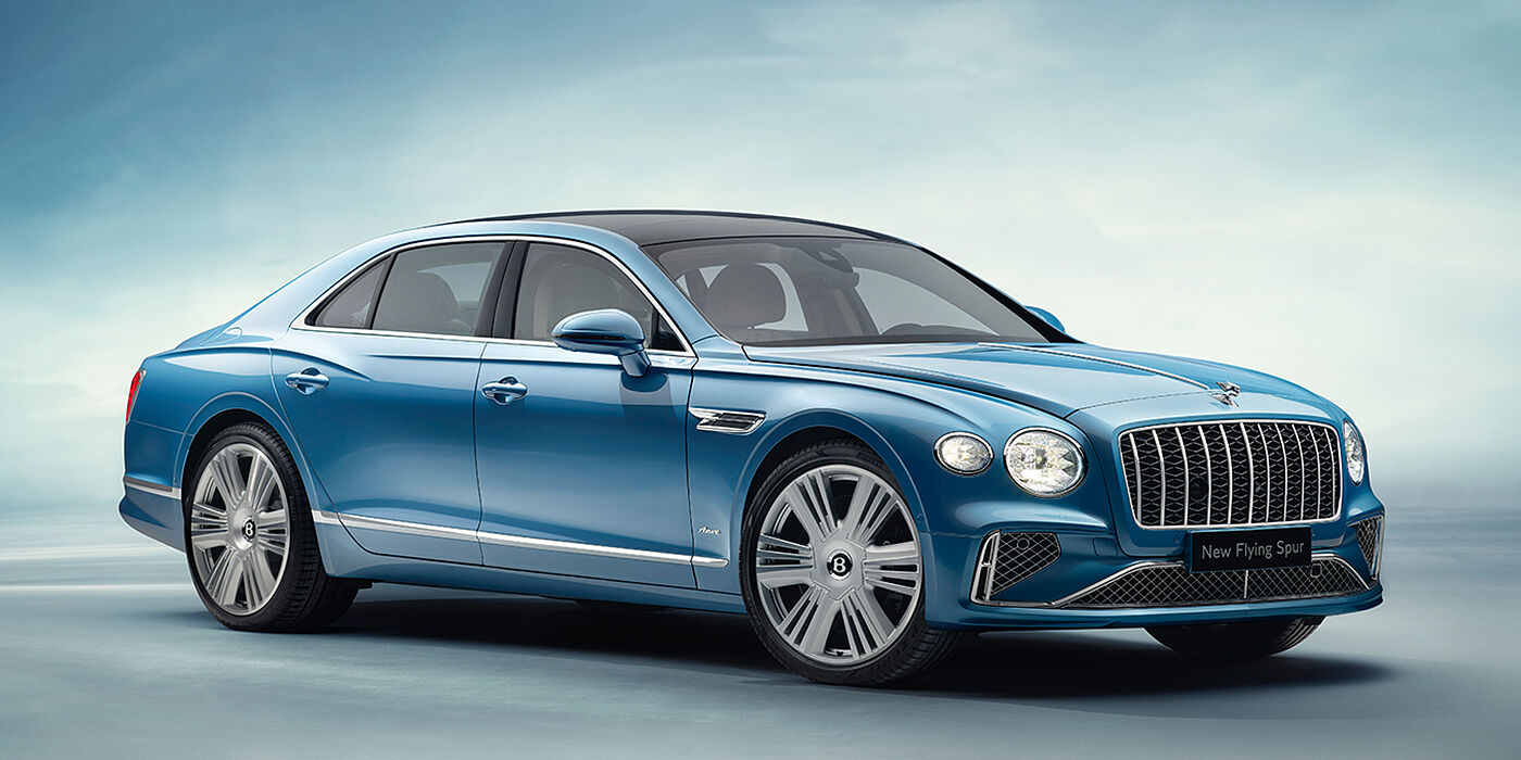 Bentley Casablanca New Bentley Flying Spur Azure sedan front view in Light windsor blue by Mulliner paint with 22 inch Azure wheels and chrome exterior details