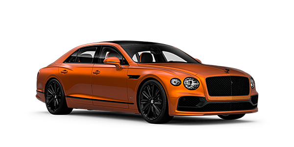 Bentley Casablanca Bentley Flying Spur Speed front side angled view in Orange Flame coloured exterior. 