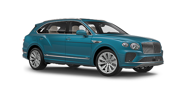 Bentley Casablanca Bentayga Extended Wheelbase Azure luxury SUV front three quarter in Topaz Blue by Mulliner paint