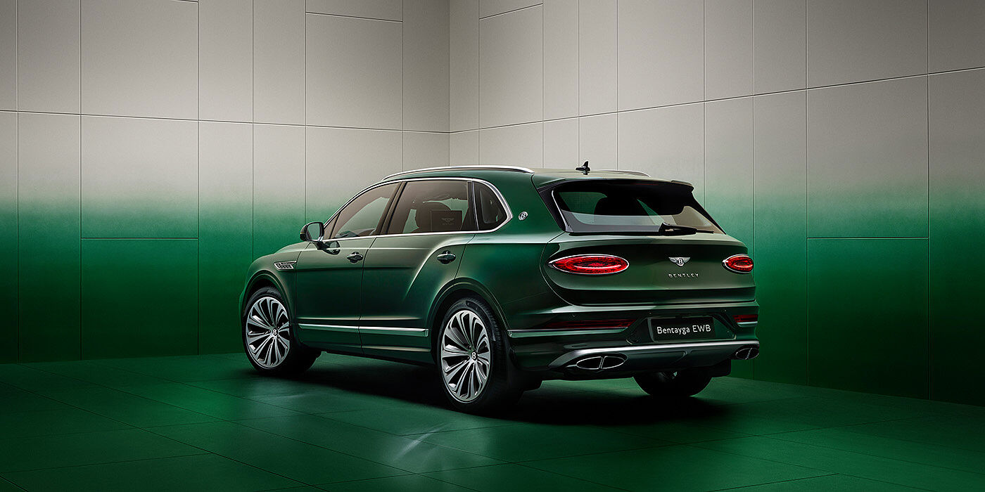 Bentley Casablanca Bentley Bentayga Extended Wheelbase SUV Rear three quarter view in Light Emerald green paint in green and grey room