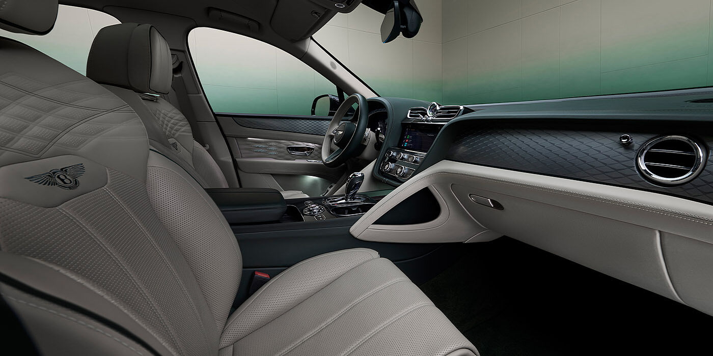 Bentley Casablanca Bentley Bentayga Extended Wheelbase Atelier Edition SUV front interior in Portland and Cumbrian Green hides with Dark Tint Diamond Brushed Aluminium veneer