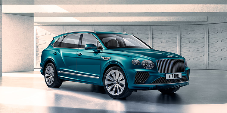 Bentley Casablanca Bentley Bentayga Extended Wheelbase Azure SUV front three quarter in Topaz blue paint colour with a grey background