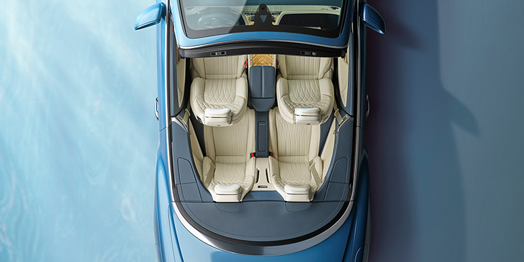 Bentley Casablanca New Bentley Continental GTC Azure convertible in Light Windsor blue paint overhead view of cabin with stitched Linen and Brunel hides