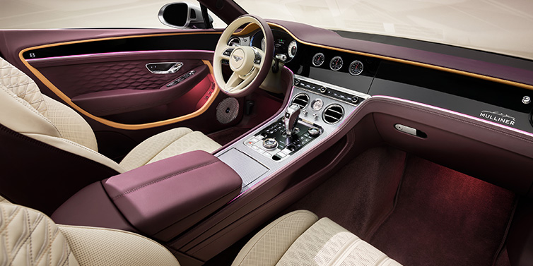 Bentley Casablanca Bentley Continental GTC Mulliner convertible front interior including Linen and Damson purple hides and Grand Black veneer