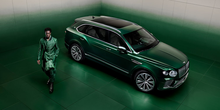 Bentley Casablanca Wisdom K standing next to Bentley Bentayga Extended Wheelbase SUV in Light Emerald green paint seen from overhead