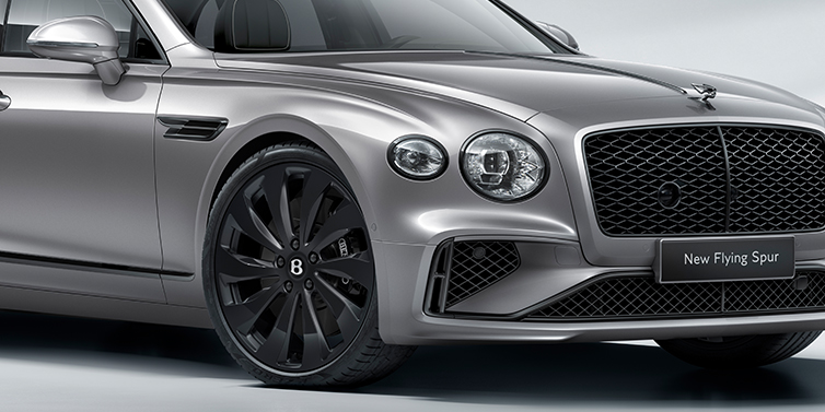 Bentley Casablanca New Bentley Flying Spur sedan front bonnet in Silverlake paint with Black Specification with black ten spoke wheel, black matrix grille and black exterior details