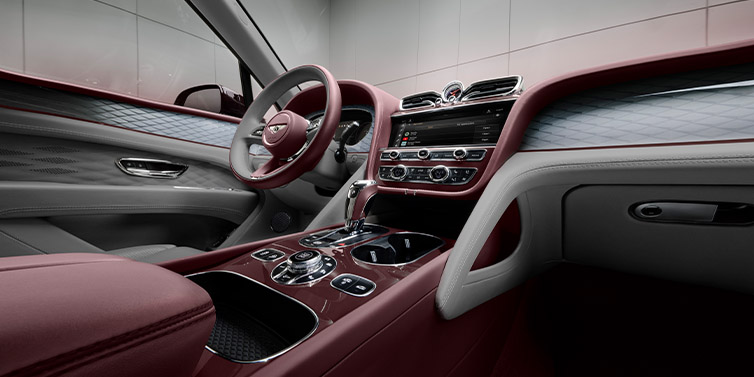 Bentley Casablanca Bentley Bentayga Extended Wheelbase SUV front interior in Gravity Gray and Cricket Ball red hides with Dark Tint Diamond Brushed Aluminium veneer