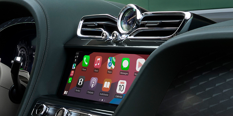 Bentley Casablanca Bentley Bentayga Extended Wheelbase SUV front interior close up MMI screen with Cumbrian Green hide surround