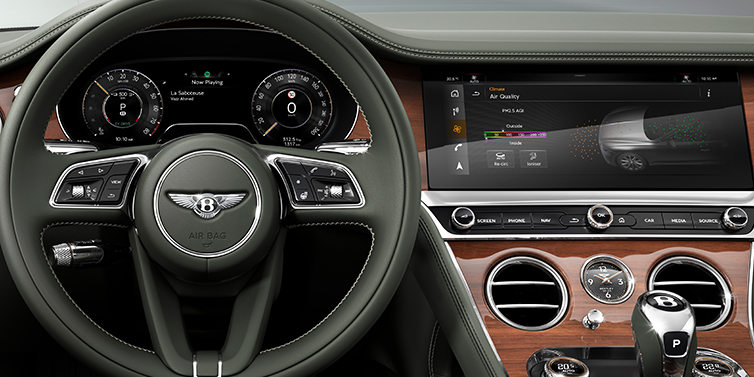 Bentley Casablanca New Bentley Continental GTC convertible front interior steering wheel view, with Beluga black leather and Crown Cut walnut veneer